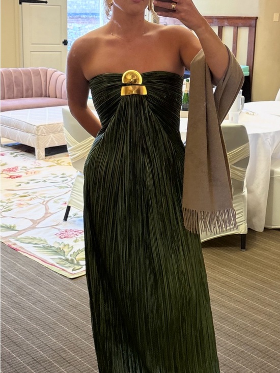 cult gaia Dresses & Skirts - cult gaia Strapless Olive Green Pleated Gown with Gold Bust Accent